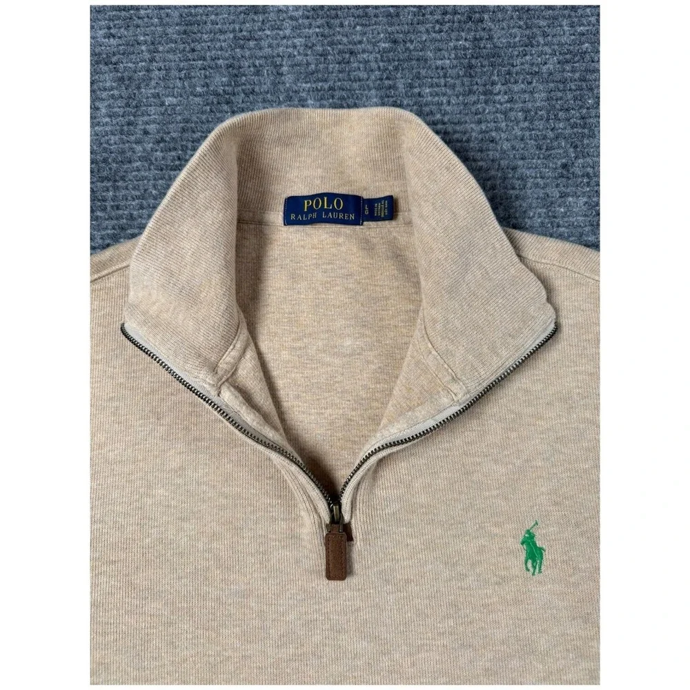 Polo Ralph Lauren Quarter Zip Pullover Mens Large Beige Excellent Leather Trim